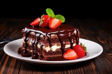 Poster - Yummy cake with strawberry on plate