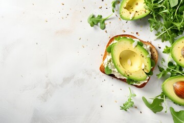 Poster - Vegetarian avocado toast with arugula, cream cheese, and seasoning on marble background.