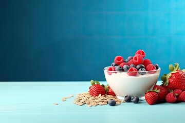 Poster - Cereal and fresh berries with milk, isolated on blue background.