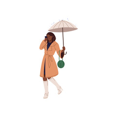 Wall Mural - Stylish young woman in autumn coat under umbrella talk by phone. Business girl holding parasol, walking in rain. Brolly protecting people from rainy weather. Flat isolated vector illustration on white