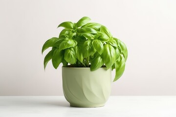 Poster - High quality photo of fresh green basil in a pot, isolated on a white background.