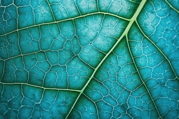 Macro closeup of a horseradish leaf with a mosaic pattern of cells and veins on an abstract nature background tinted blue green