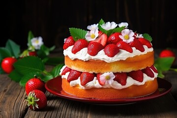 Wall Mural - Strawberry cake with cream cheese and fresh strawberries in a summer theme