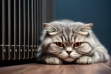 Fototapeta Koty - Cat on heating radiator warms up on battery beside gray wall