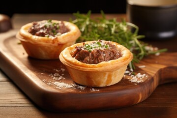 Wall Mural - Closeup of a rustic style Australian mini meat pie on a wooden board with table background ready to eat and copy space available