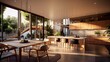 Panoramic view of modern kitchen and dining room with wooden walls