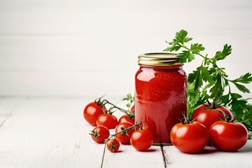 Wall Mural - Fresh tomatoes and tomato paste in glass jar on wooden table