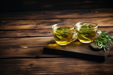 Sticker - Green tea cups on wooden table