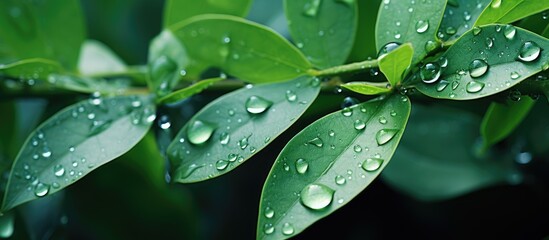 Poster - Beautiful transparent raindrops on green leaves. shine in the sun. Natural background