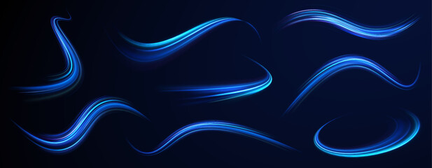 Wall Mural - Blue speed ​​wave illustration with shine line background. Light everyday glowing effect. Light trail wave, fire path trace line, car lights, optic fiber and incandescence curve twirl. 