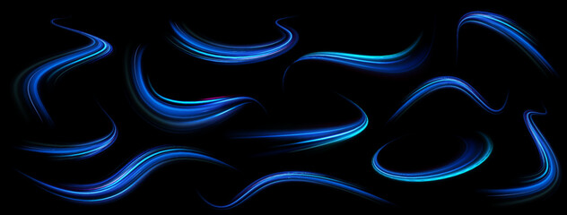 Wall Mural - Blue stripes in the form of drill, turns and swirl. Undulate wave swirl swoosh, dynamic twisted lines. Transparent blue sparkling light line element.	