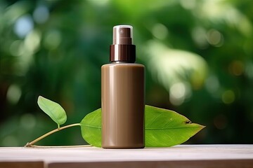 Poster - Eco-friendly organic cosmetic in a green leaf background with a brown dispenser.