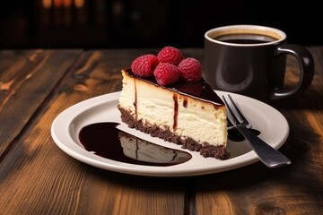 Canvas Print - New York cheesecake with chocolate sauce raspberries coffee wooden table