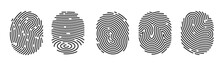 Black Detailed Fingerprints Flat Illustration Set. Police Electronic Scanner Of Thumb Print For Crime Data Isolated On White Background Vector Collection. Finger Identity And Technology Concept
