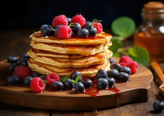 Sticker - Rustic style healthy breakfast Fresh blueberry and raspberry American pancakes with honey