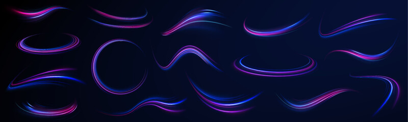 Wall Mural - Light motion effect, slow shutter of traffic. High tech concept with luminous arrows moving to side. Speed connection vector background. Neon color glowing lines.	