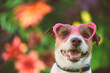 Portrait of lovely smiling dog in heart-shaped pink sunglasses against colorful floral background. Spring and love concept.