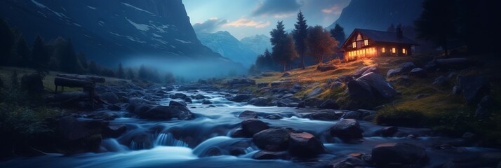 Canvas Print - Old romantic illuminated wooden cabin in the mountains by a wild stream torrent at dusk