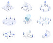 isometric illustration set of business people and cloud network and gear and rocket