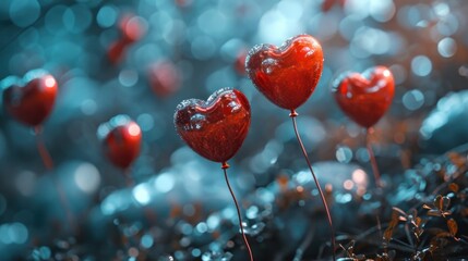 Canvas Print - A group of red hearts are on sticks in a field, AI