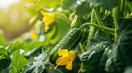 Young plant cucumber with yellow flowers. Juicy fresh cucumber close-up macro on a background of leaves. made with generative ai