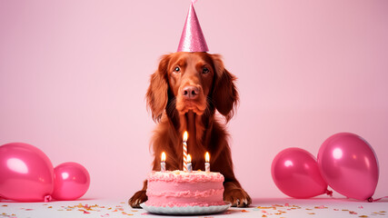 Cute Irish Setter dog celebrating with birthday cake with candle and hat at a birthday party at table in room decorated for birthday celebration on a pink background. 