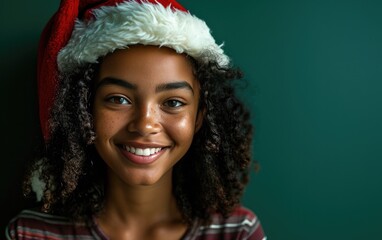 Happy African American girl wearing Santa hat in Christmas background