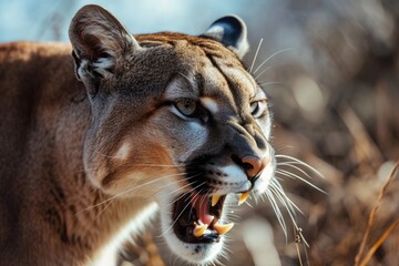 Wall Mural - Roaring cougar or mountain lion hunts its prey