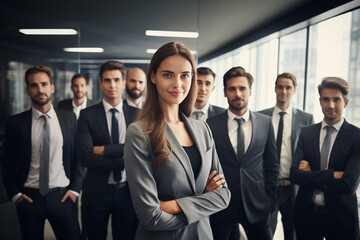 Wall Mural - business girl heads a colossal corporate company alongside the executive chief, leading a diverse team of professionals with a dynamic and inclusive approach. Generative AI.