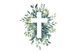 Fototapeta  - Eucalyptus botanical greenery and cross. Baptism  Invitation. Easter Cross. Christening. Holy Spirit. Religious. Baptism Christening Invitation