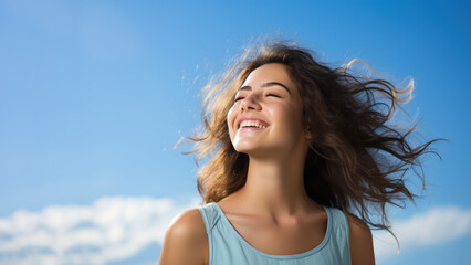 Wall Mural - A Brunette woman breathes calmly looking up isolated on clear blue sky