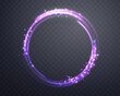 © Elena - Glowing purple magic ring. Neon realistic energy flare halo ring. Abstract light effect on a dark transparent background. Vector illustration.