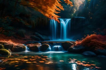 Wall Mural - A mesmerizing view of an alien waterfall surrounded by lushill-style foliage, reflecting the vivid colors of an otherworldly autumn day.