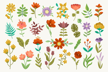 Sticker - Flat hand drawn flowers original elements collection with flowers and branches