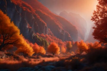 Wall Mural - A surreal scene of an alien valley during its autumn season, featuring lushill-style trees and vegetation, with HD clarity capturing every detail.