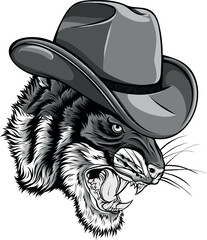 Wall Mural - monochromatic illustration of Tiger Cowboy Mascot Logo Design