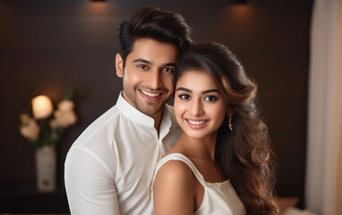 young beautiful indian smiling couple embracing in love