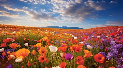 Wall Mural - Poppies field in California, USA. Panoramic image.