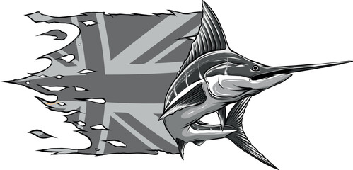 Sticker - monochromatic illustration of sword fish wirh british flag