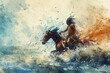 Apache Indian warrior sitting on a horse, valiant steed, and a water backdrop, watercolor, generated with AI