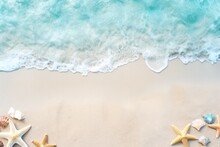 Serene Beach Scene With Turquoise Waves And Scattered Seashells On Sand