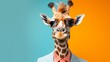 Playful Giraffe in hilarious costume and sunglasses gazing at the camera with a comical expression, set against a vibrant monotone orange and blue background with copy space