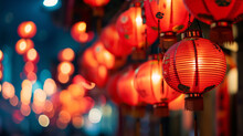 Chinese New Year Night Decorated With Illuminate Red Lanterns,Chinese New Year Background.