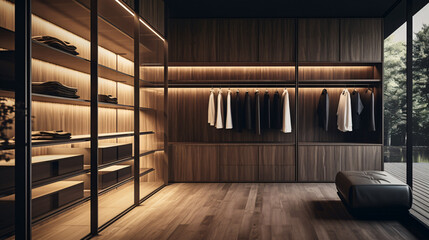 Wall Mural - Walk in closet with luxury warm wooden wardrobe, drawer and stool with beautiful lighting, modern and minimal style dressing room interior design.