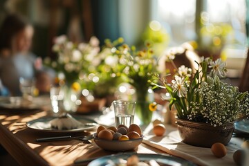 Wooden table with seasonal decoration and people