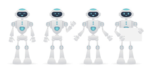 Robot, chat bot neural network, AI servers and robots technology. Set of cute robot ai character.