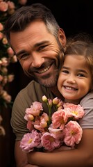 Canvas Print - A man holding a little girl with pink flowers