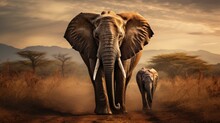 Portrait Of Elephant Herd In African Savanna Walking
