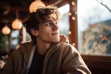 Generative AI portrait of young person sitting dreamy in aroma cafeteria enjoying morning coffee