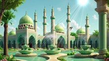 Animated Video Of A Mosque In A Green Garden With Warm Sunlight And A Beautiful Fountain